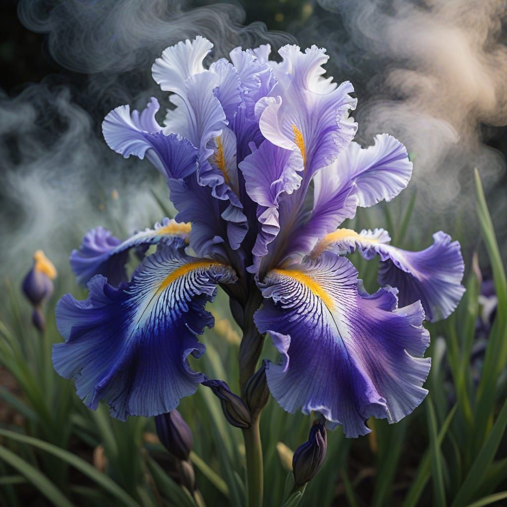 Frilly Iris Flower in Swirling Smoke Wisps