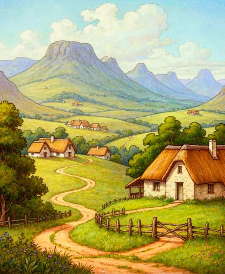 Whimsical Village Scene in Arthur Rackham Style