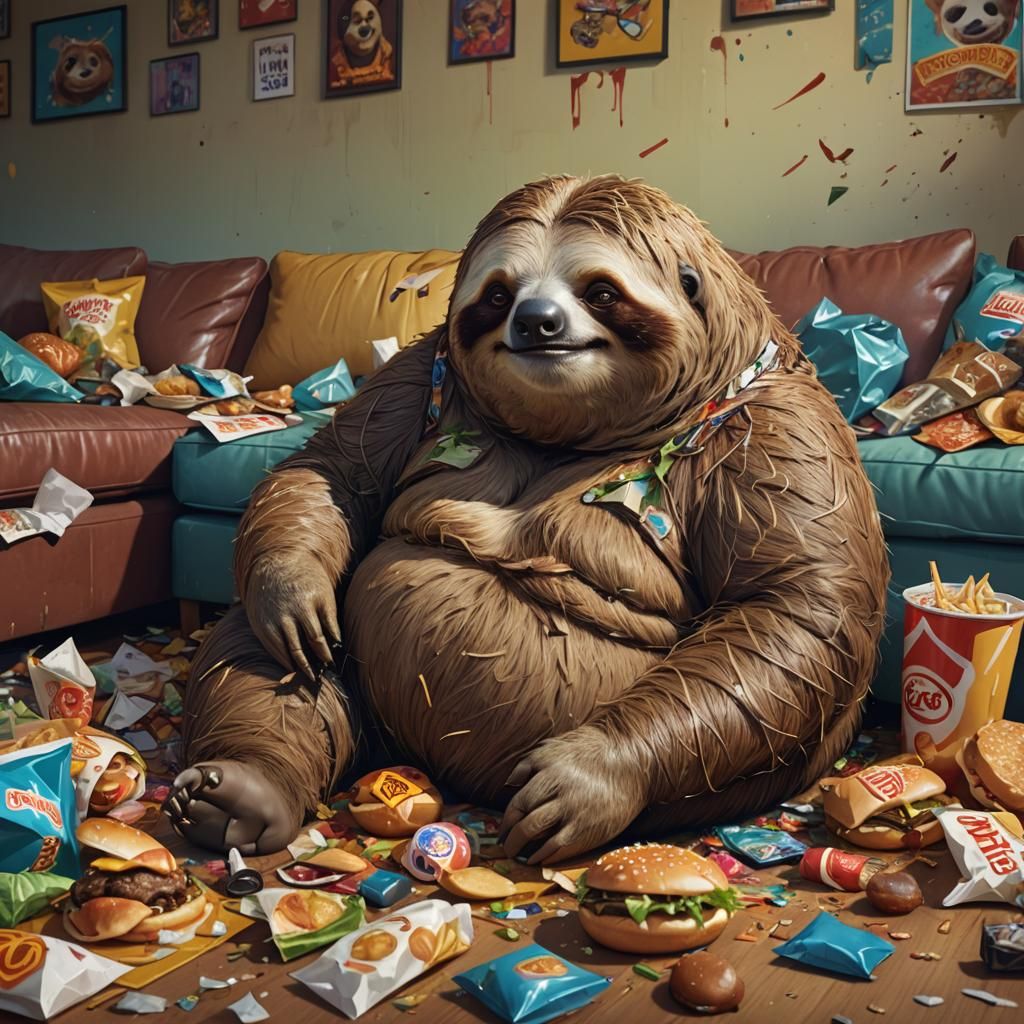 Hyperrealistic Sloth Eating Fast Food on Couch