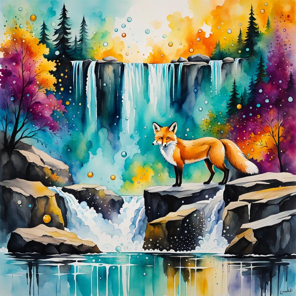 Whimsical Watercolor Fox at Enormous Waterfall