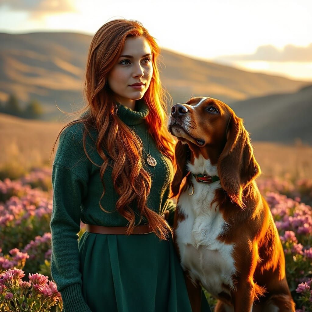 Woman and Scottish Setter in Sunlit Highlands Field