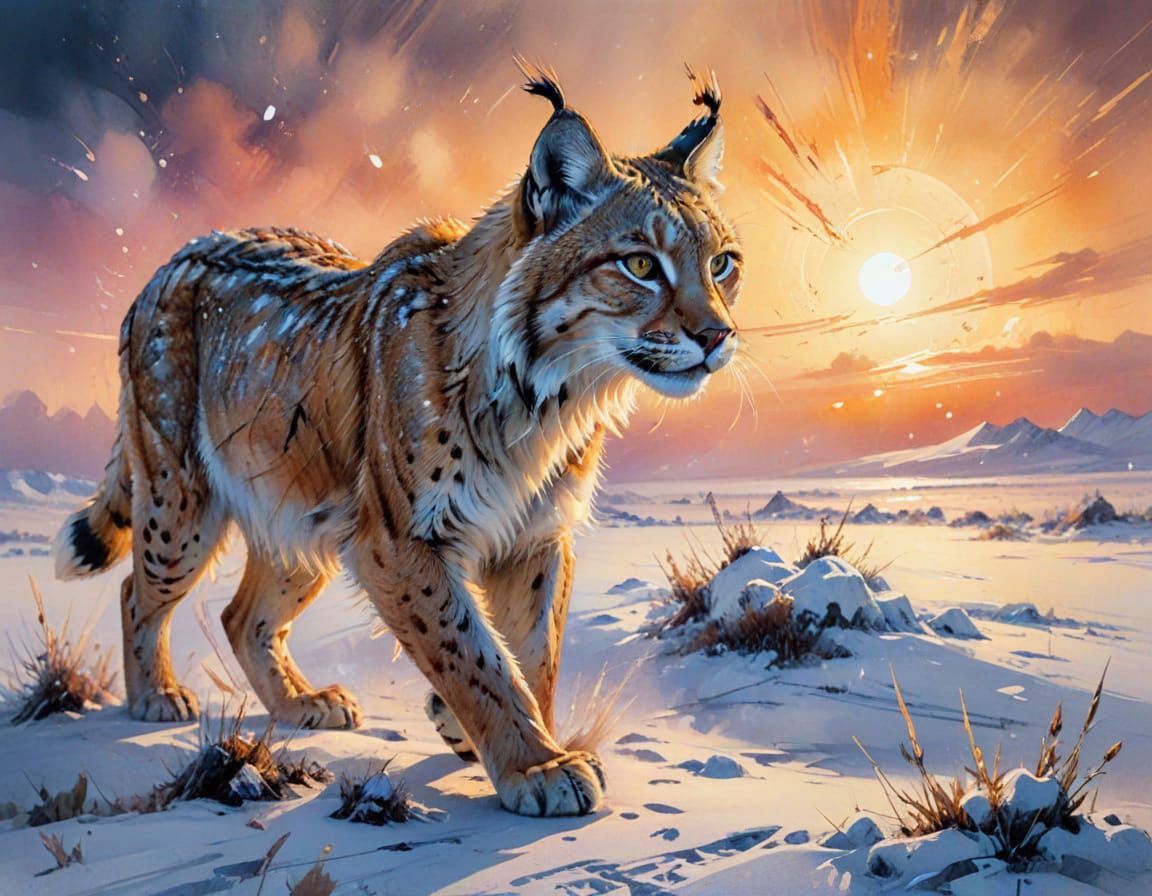 Lynx on Tundra in Watercolor Style Sunset