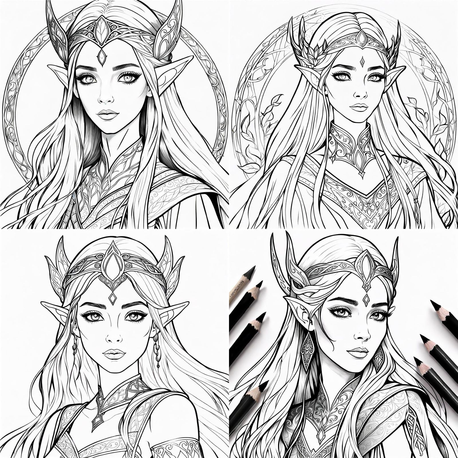 Realistic Black and White Elven Princess Coloring Page