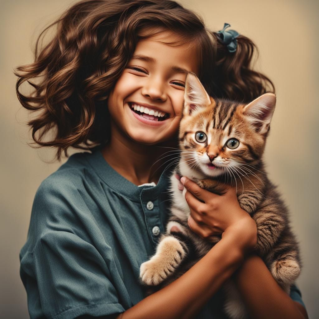 Girl's Joyful Smile Holding Kitten