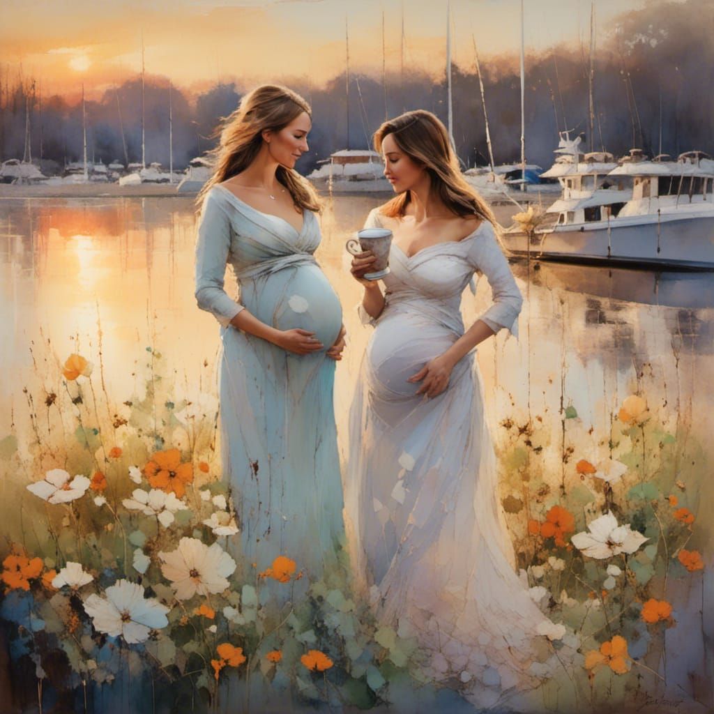 Pregnant Woman and Mother at Yacht Club, Painterly Style