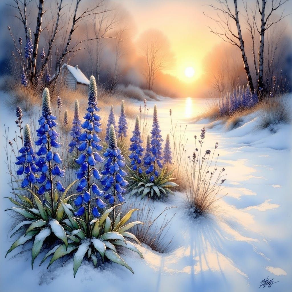 Texas Bluebonnets in Snowy Sunrise Landscape