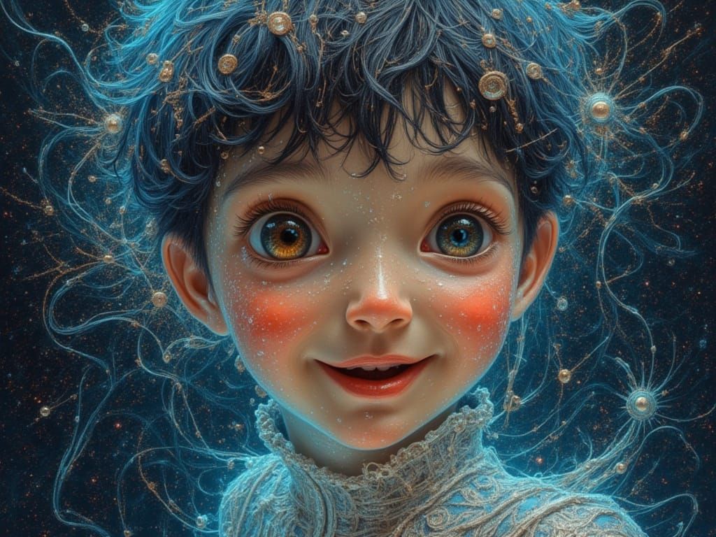 Surreal Boy with Cosmic Dust and Silver Adornments