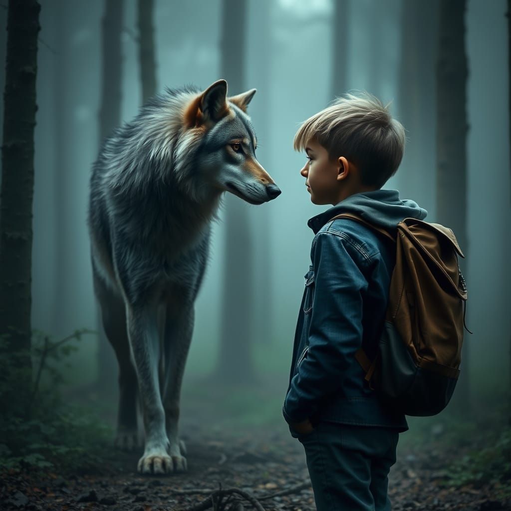 Boy and Wolf Share a Moment in Misty Woods