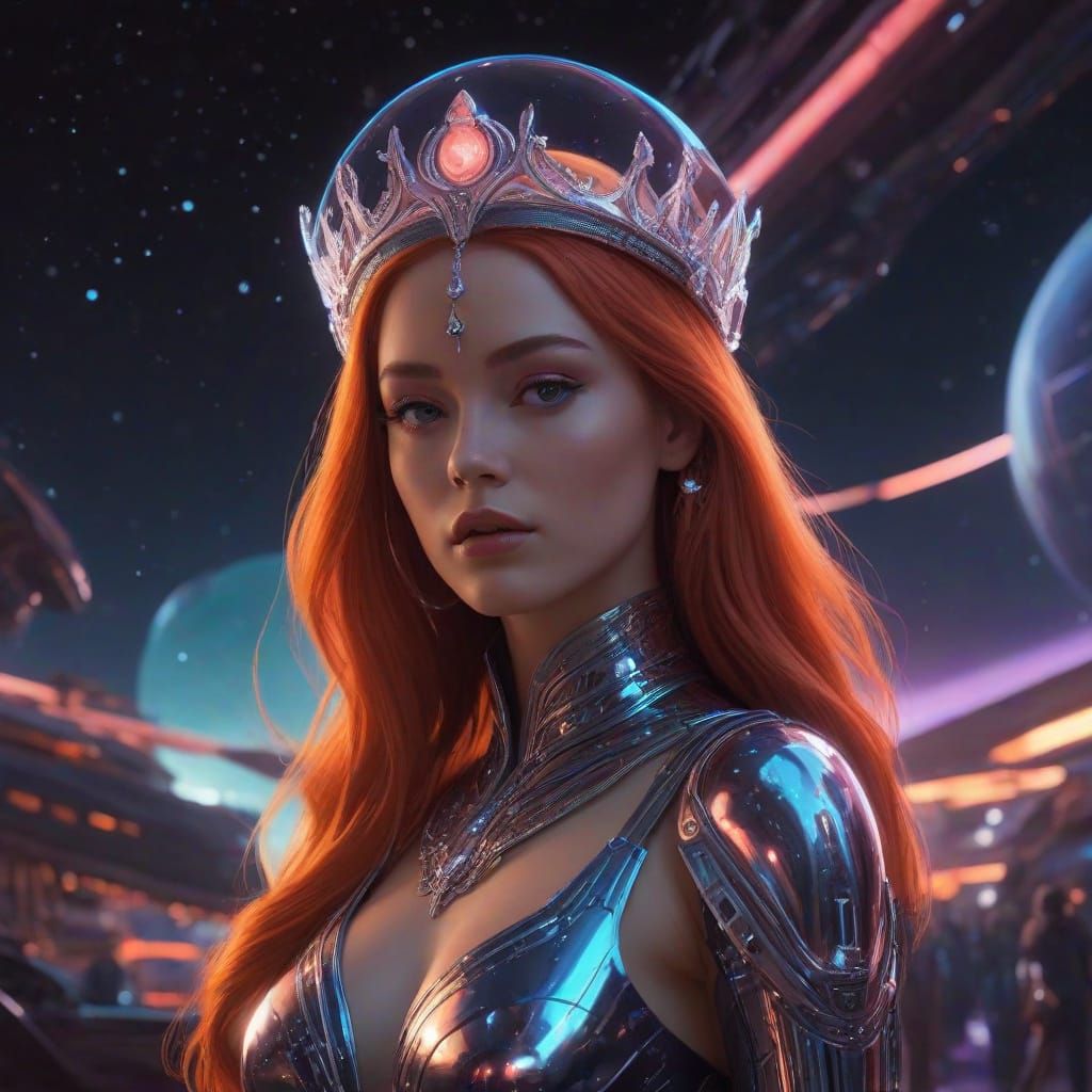 Ethereal Goddess in Iridescent Gown Illuminates Cosmic Lands...