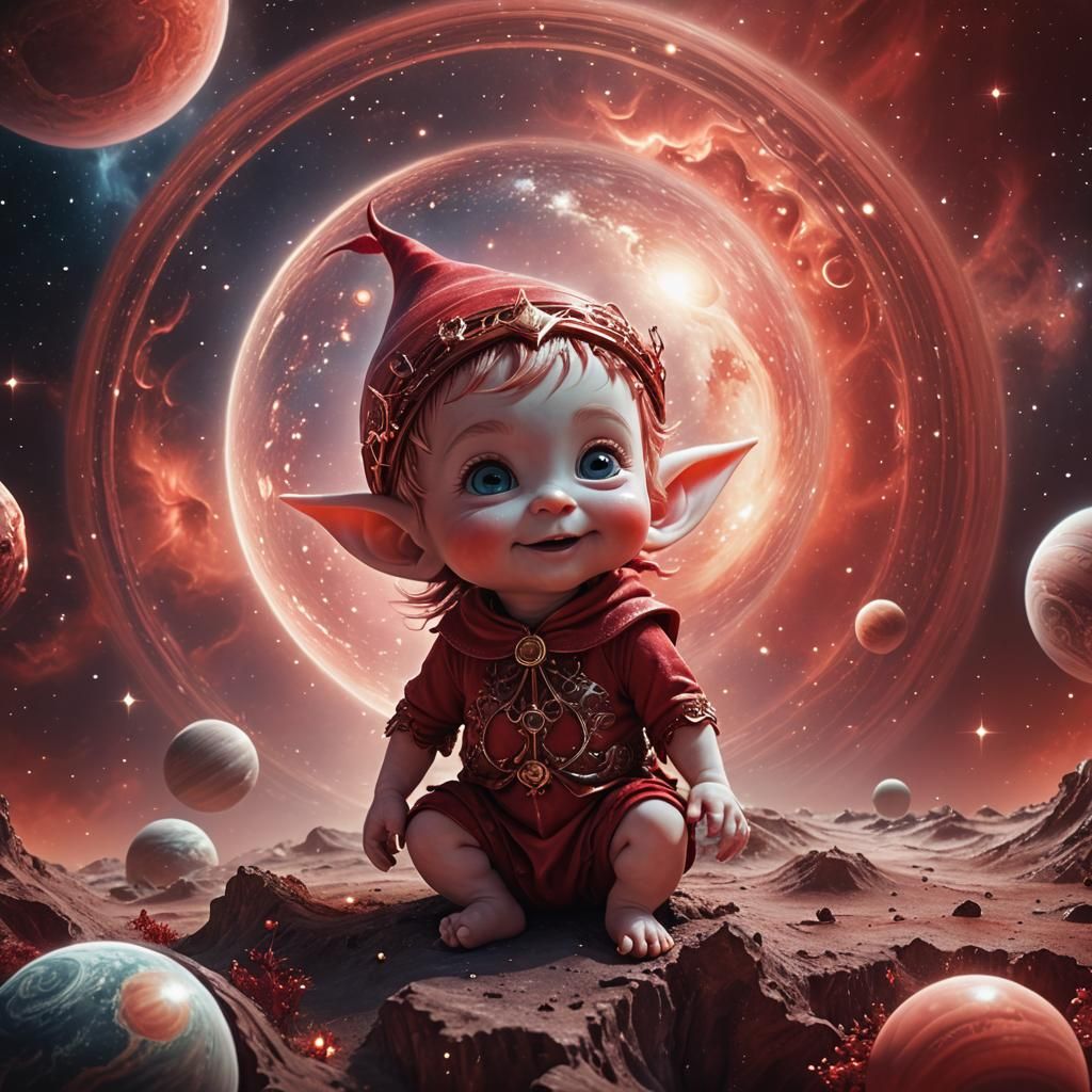 Crimson Elf Baby with Jupiter in Ethereal Fantasy Art