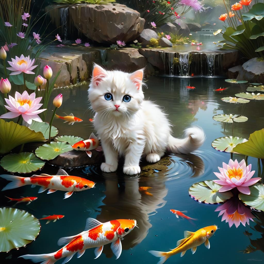 Cute Kitten Mesmerized by Koi Fish, Fine Art