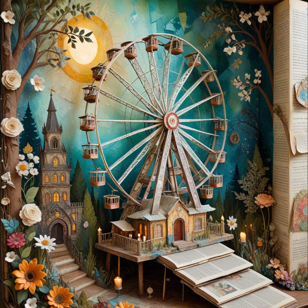 Whimsical Victorian Ferris Wheel Scene in Mixed Media