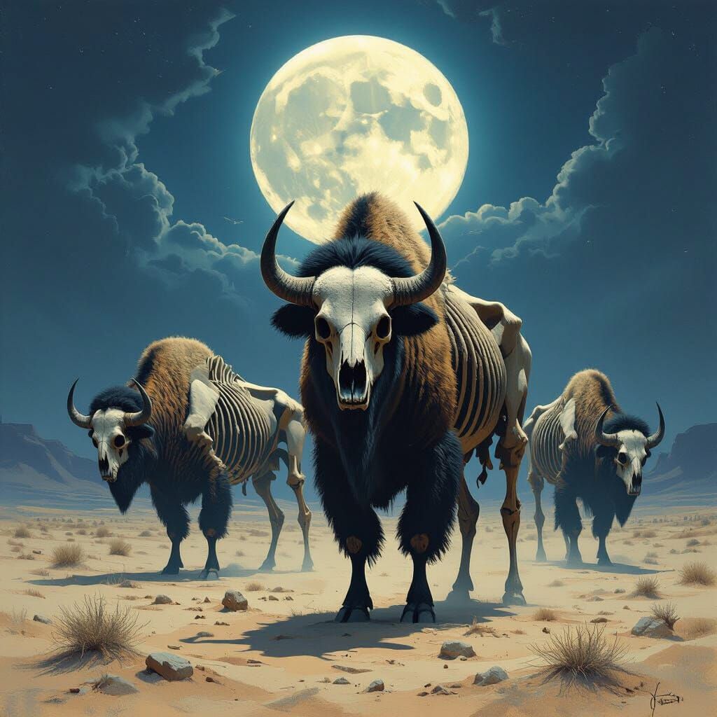 Undead Bison Skeletons Under Full Moon in Desert