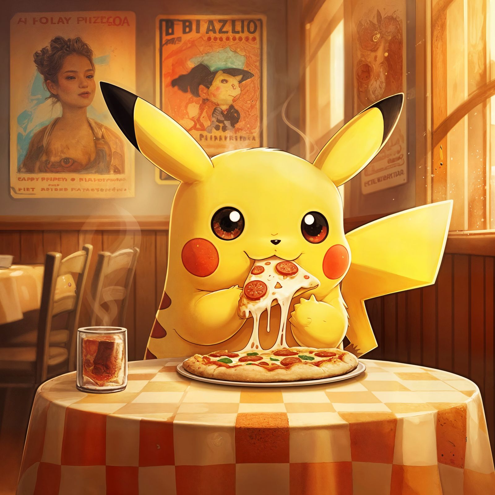 Charming Pikachu Savoring Pizza in a Sunny Pizzeria