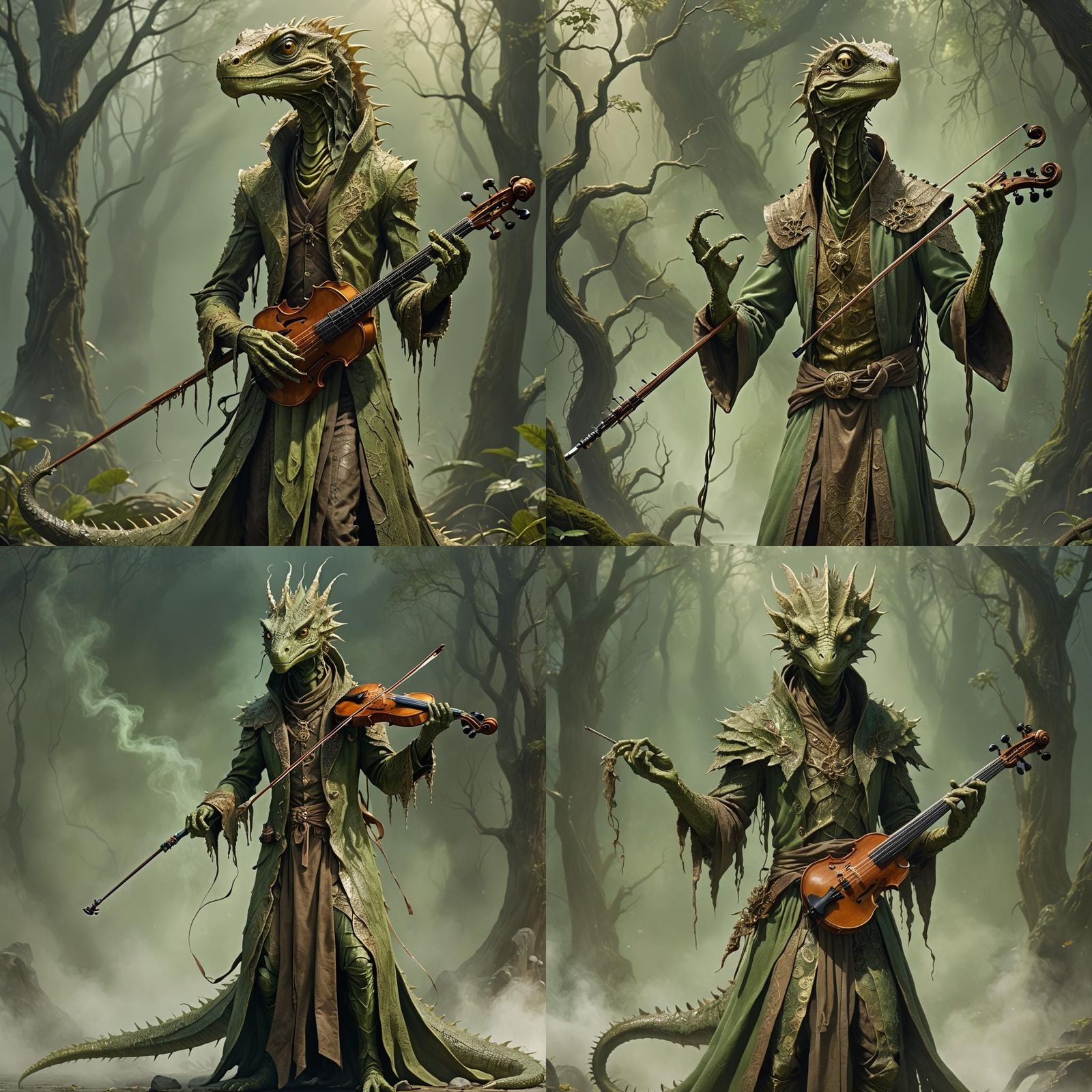 Humanoid Reptilian Playing Violin in Ethereal Fantasy Style