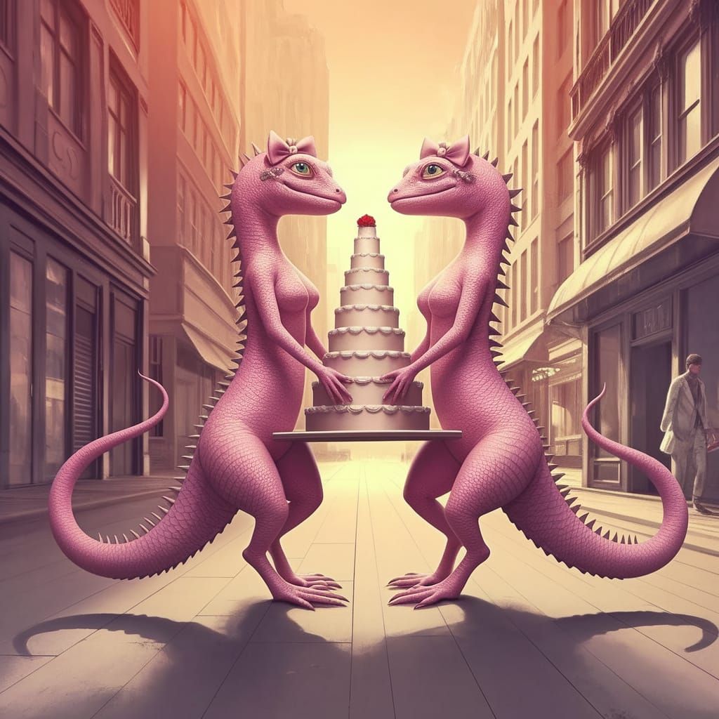Ethereal Aetherpunk Cityscape with Lizards and Cake