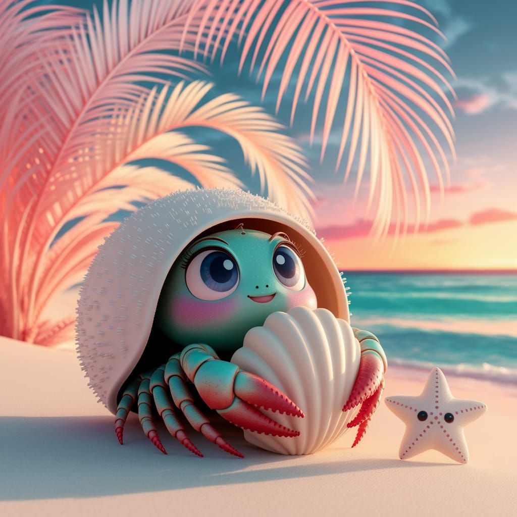 Kawaii Hermit Crab on a Pastel Beach in 3D Anime Style