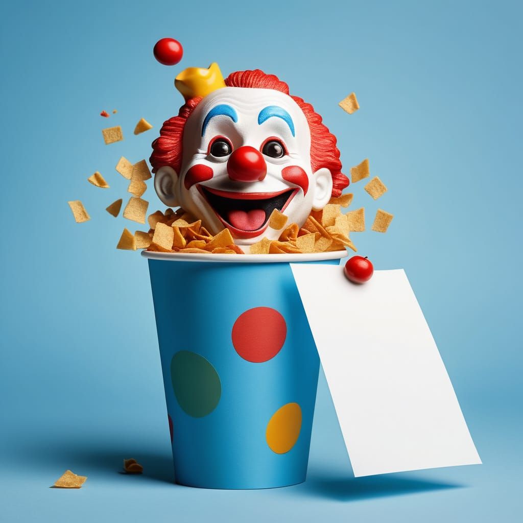 Humorous Clown Emerges from Soup Cup with Soup Nuts Flying