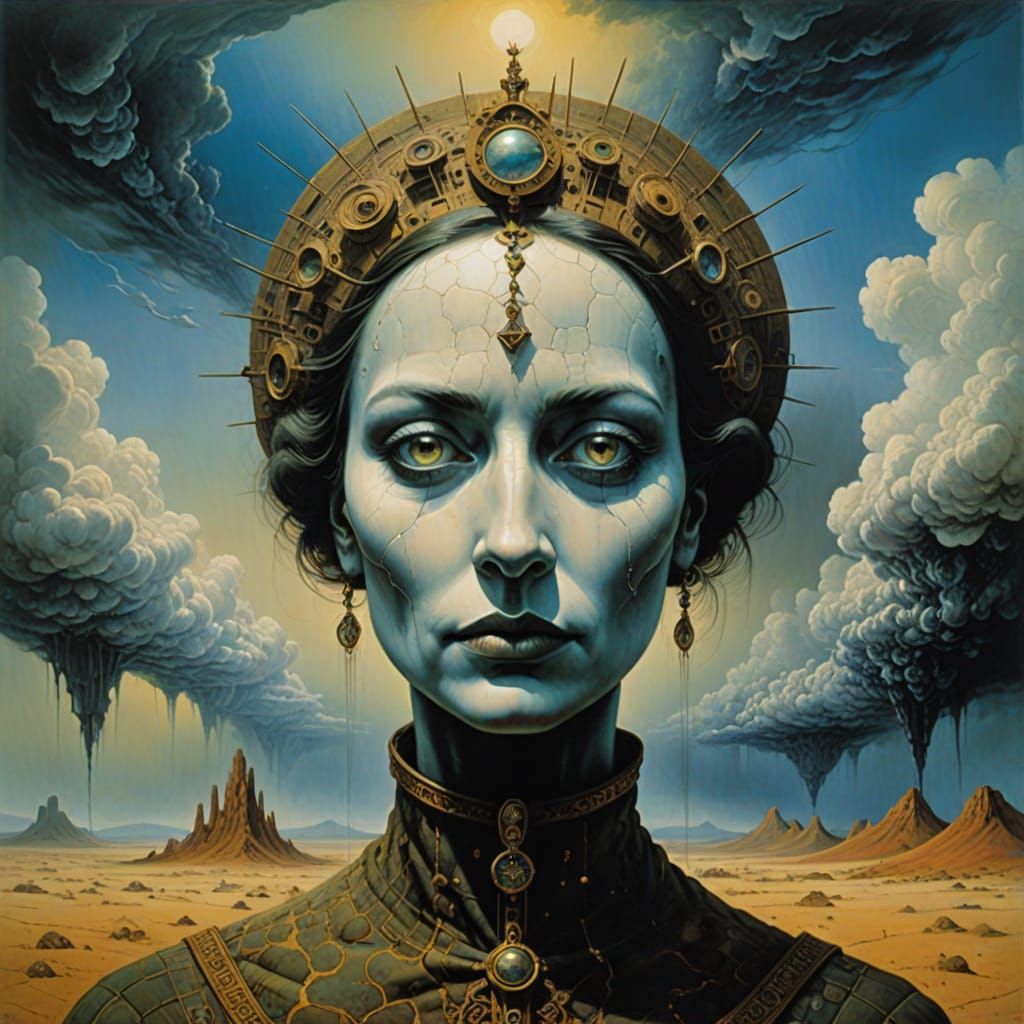 Surreal Dystopian Goddess with Salvador Dali Clouds and Harl...