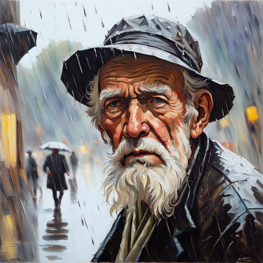 Old Man Walking in Rain, Oil Painting Style