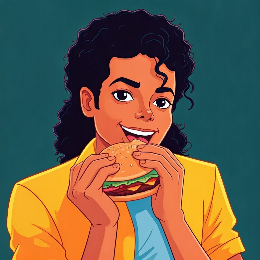 Michael Jackson Eats Hamburger in Vibrant Cartoon Style