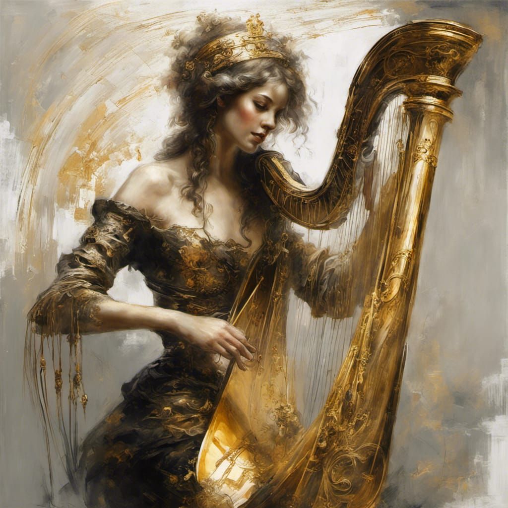 Golden Harp with Engravings as Oil Painting