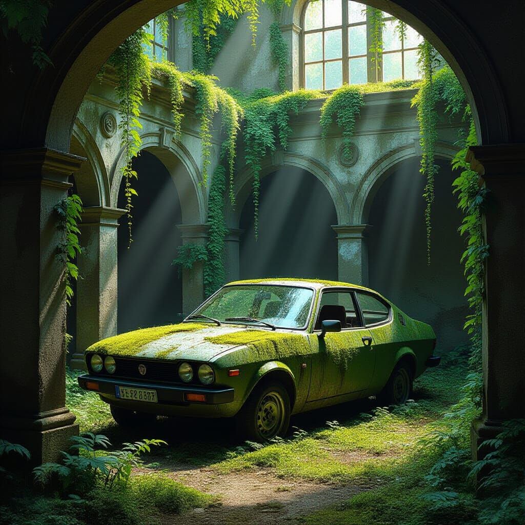 Abandoned Fiat Ritmo in Mossy Courtyard