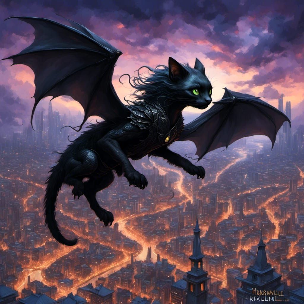 Black Dragon Cat Flying Over Fantasy City