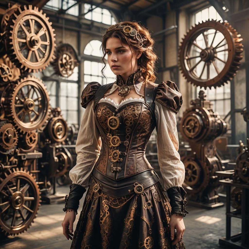 Steampunk Girl in Gear Factory with Golden Light