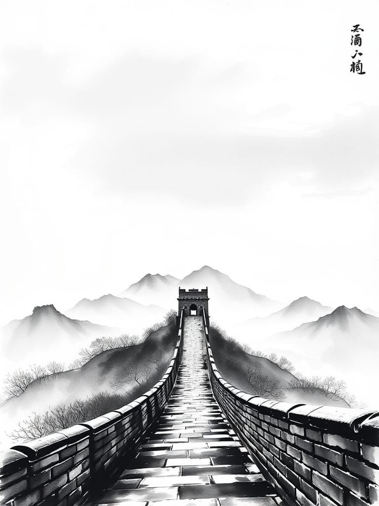 Chinese Ink Painting of the Great Wall at Dusk