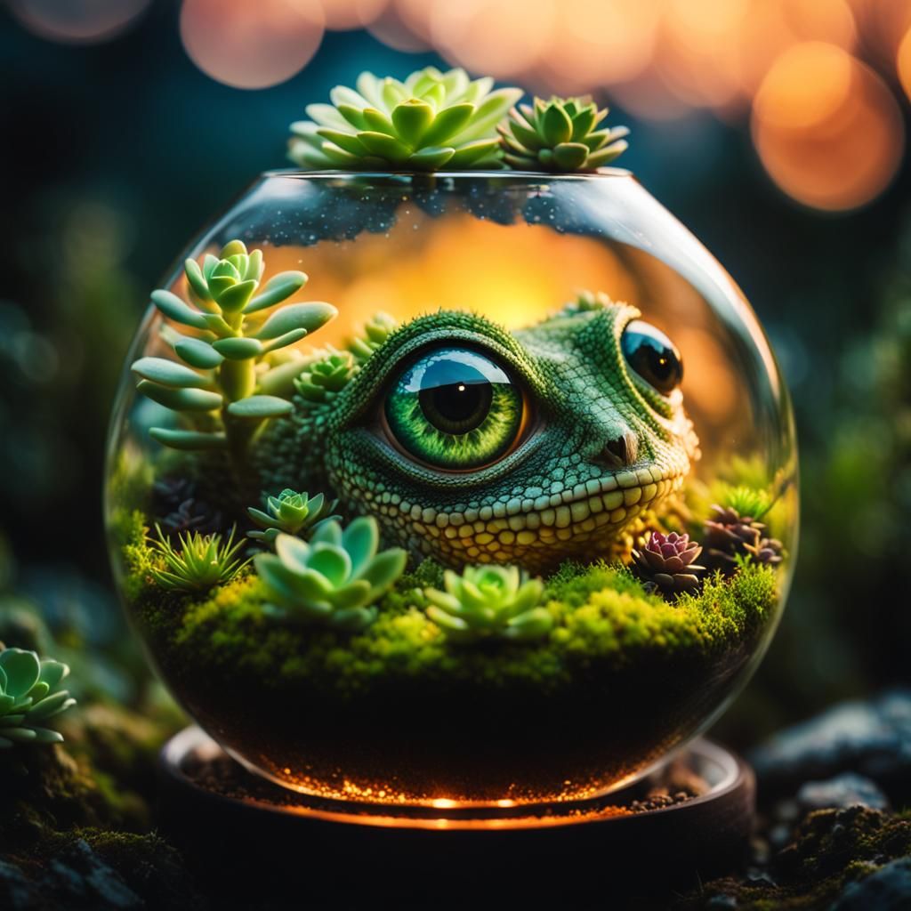 Luminous Terrarium with Big-Eyed Lizard Illustration