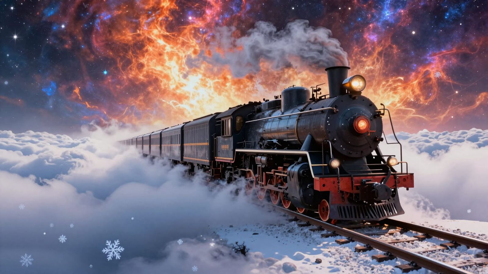 Steam Train on Celestial Track Above Clouds
