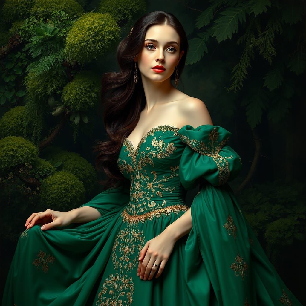 Elegant Woman in Emerald Gown amidst Verdant Landscape
