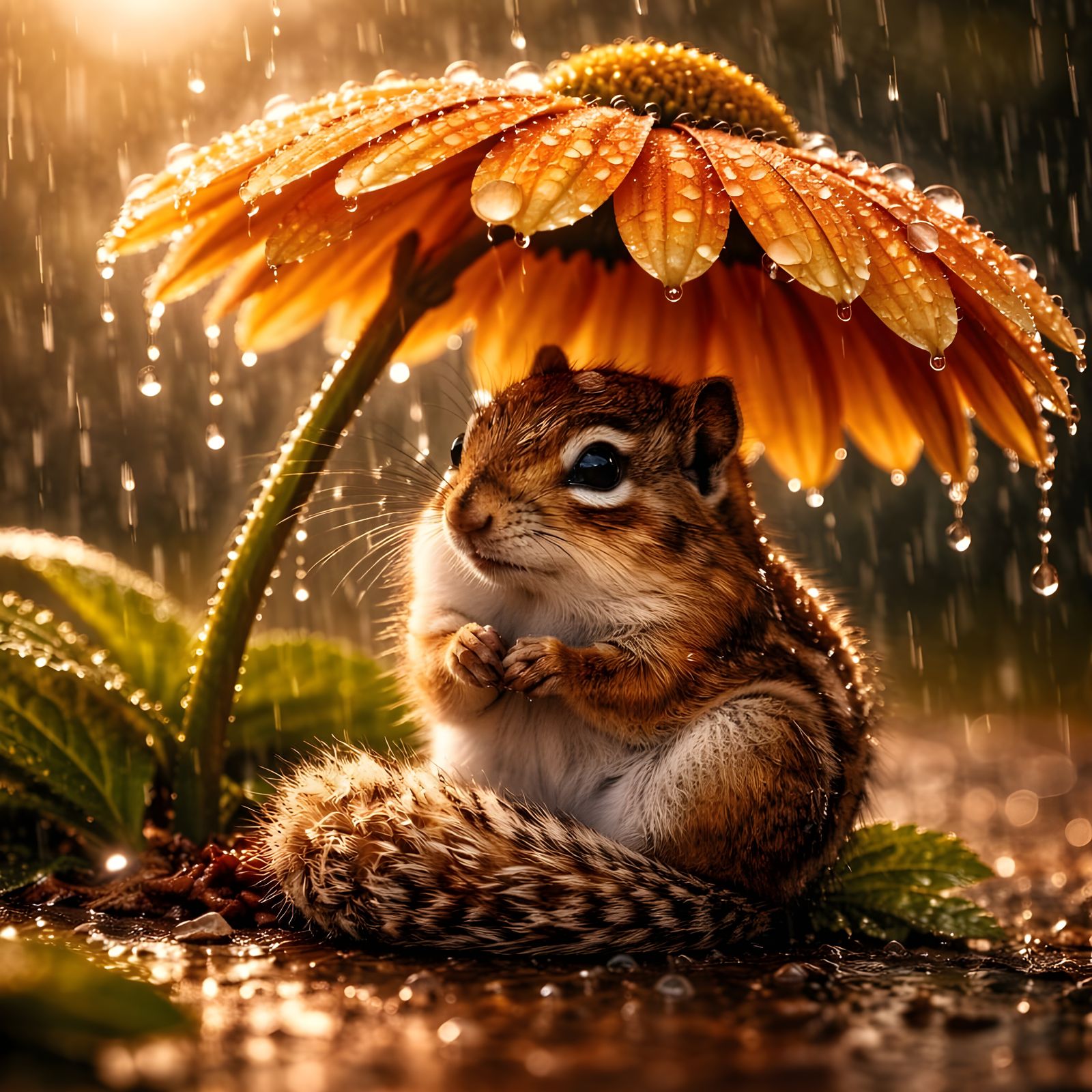 Tiny Chipmunk Shelters Under Daisy in Gentle Rain