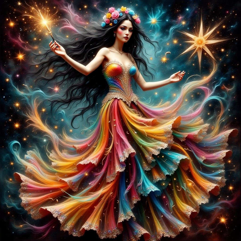 Celestial Maiden in Shimmering Stained Glass Ballgown