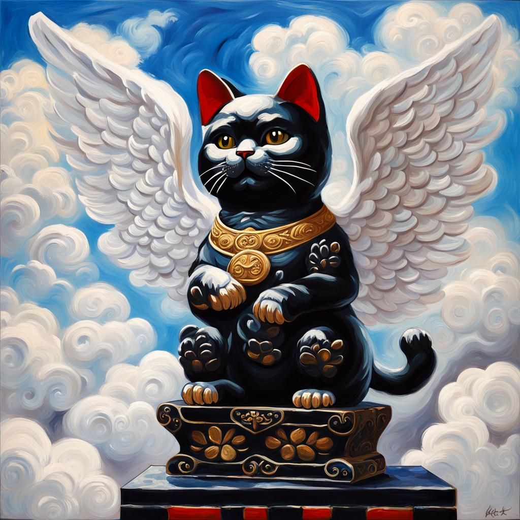 Maneki Neko with Angel Wings in Impasto Style