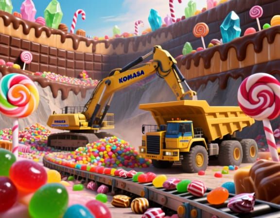 Giant Candy Quarry with Dump Trucks and Excavators