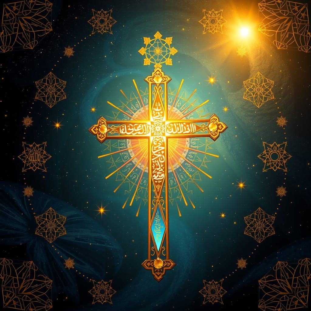 Surreal Christian Cross in Harmonious Islamic, Gothic, and A...