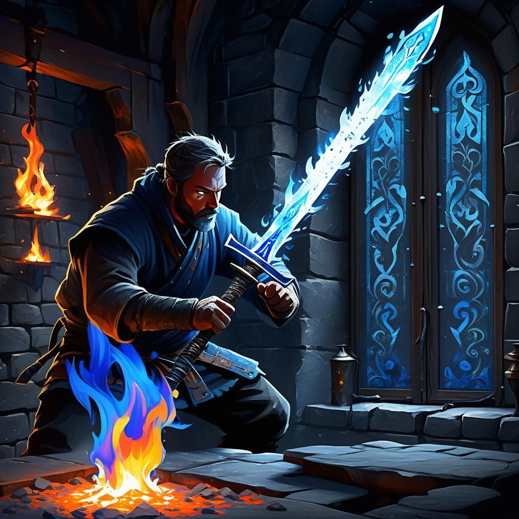 Blacksmith Forging Ice Sword in Digital Painting Style