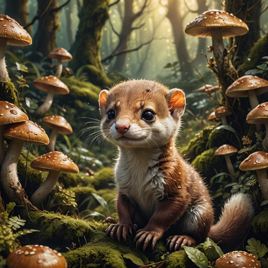 Cute Baby Weasel in Enchanted Forest, Magical Realism