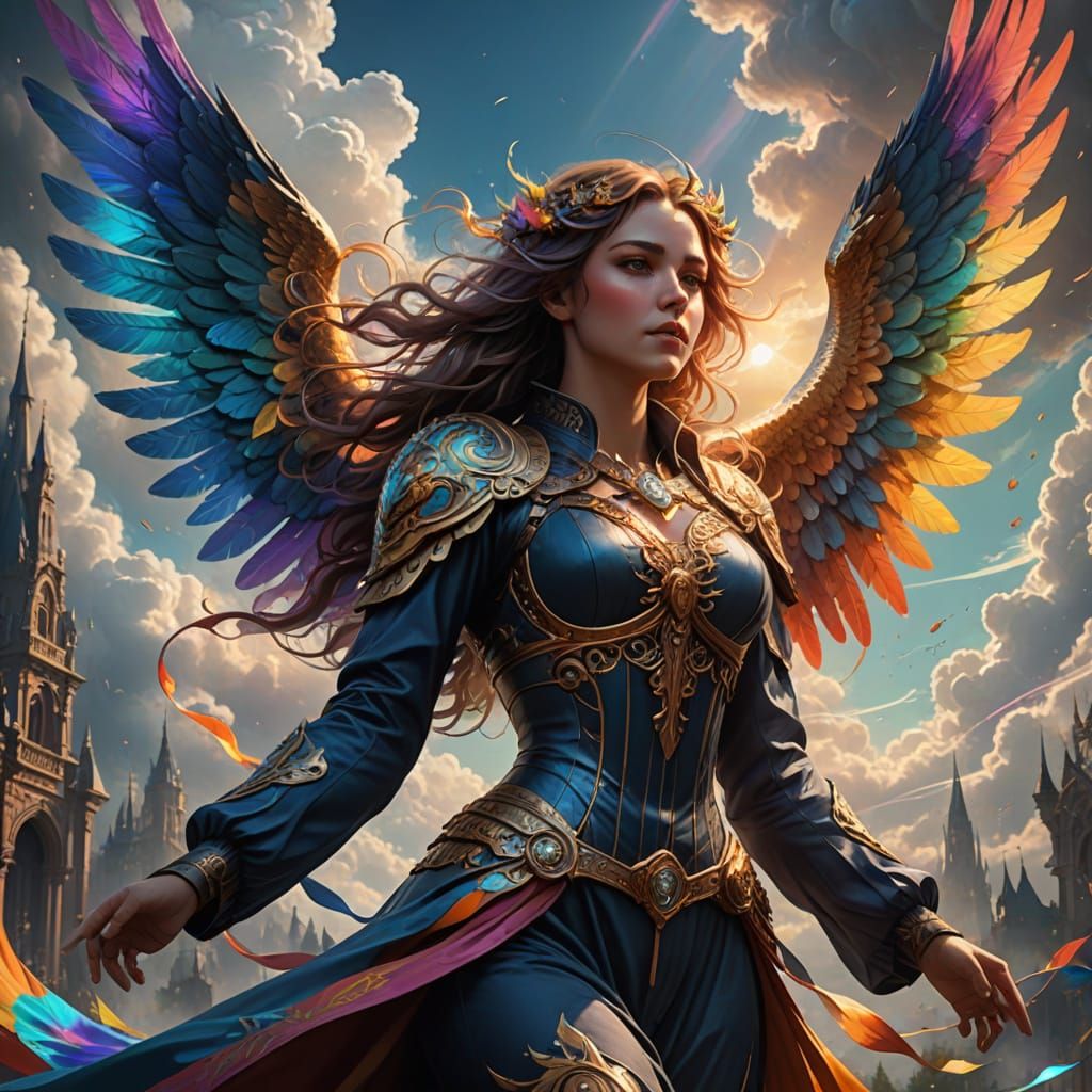 Ethereal Angel Soars through Celestial Skies in Vibrant Fant...