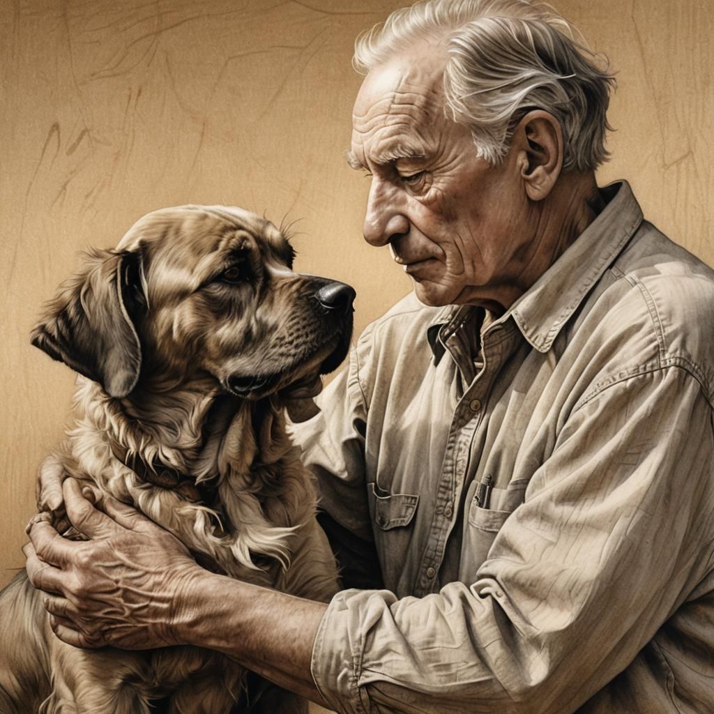 Loving Portrait of Man and Dog in Graphite Style