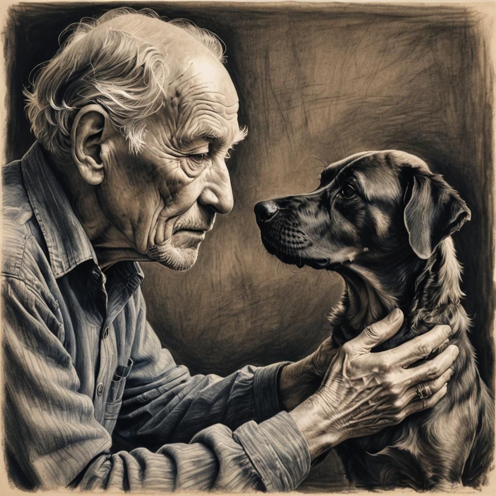 Elderly Man and Dog: Intricate Pencil Sketch