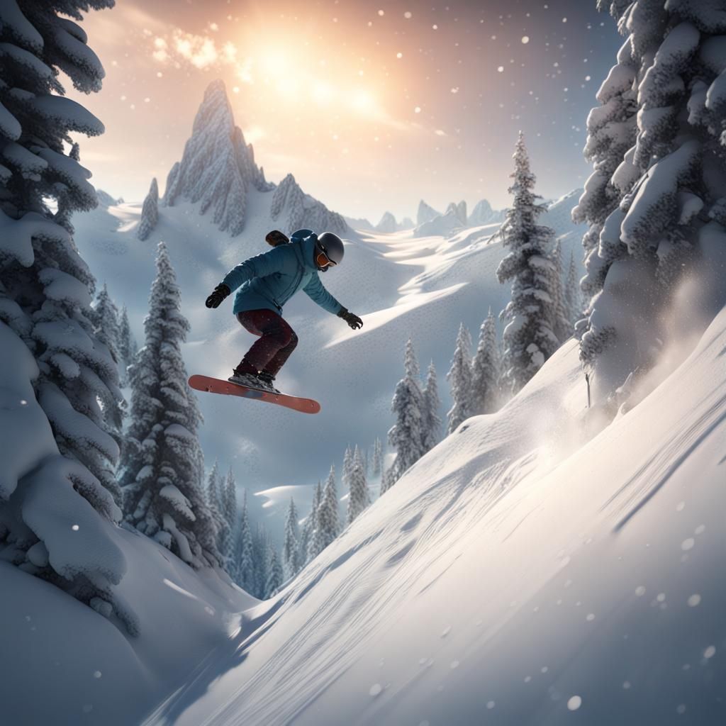 Snowboarder's Fast Descent: Snowy Mountain Double Exposure