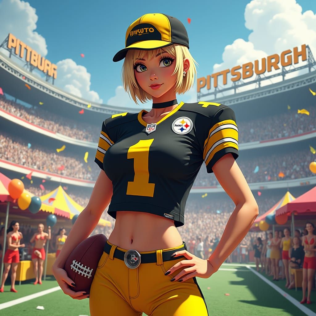 Anime Pinup in Cyberpunk Football Scene