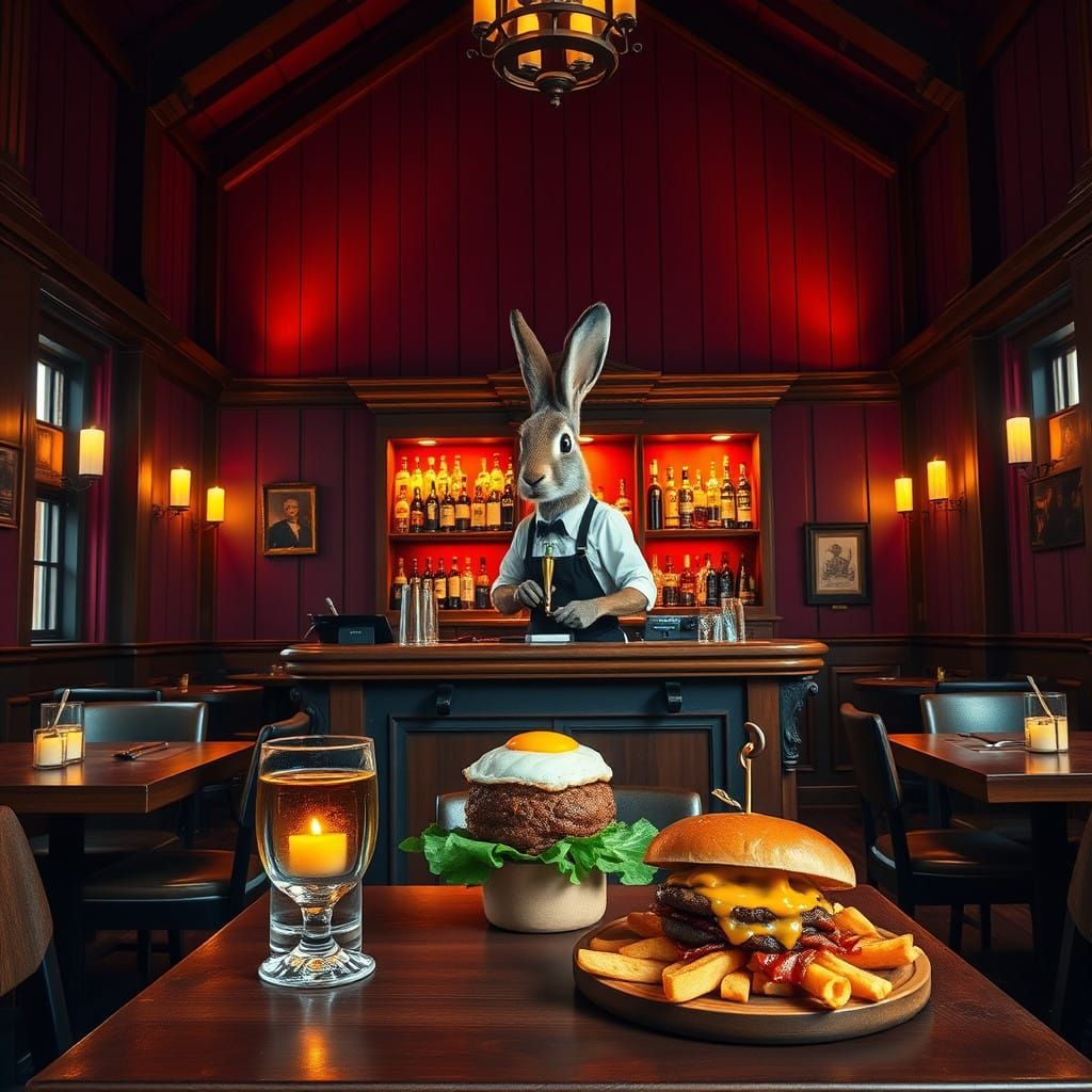 Cozy Dark Red Cafe with Warm Ambiance and Wooden Accents