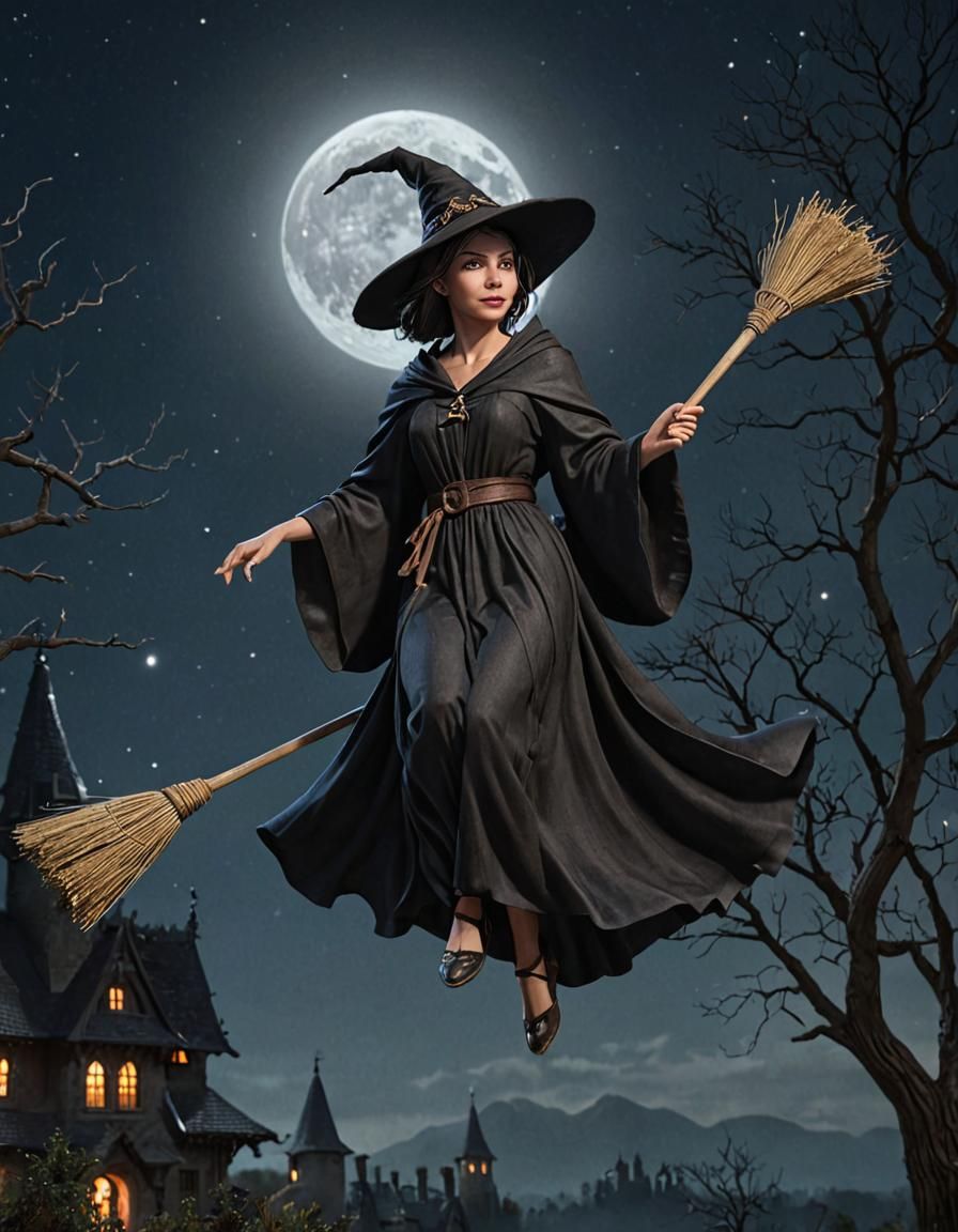 Flying Witch 3D Render in Moonlight