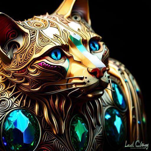 Golden Cat Statue with Jewels and Epic Lighting