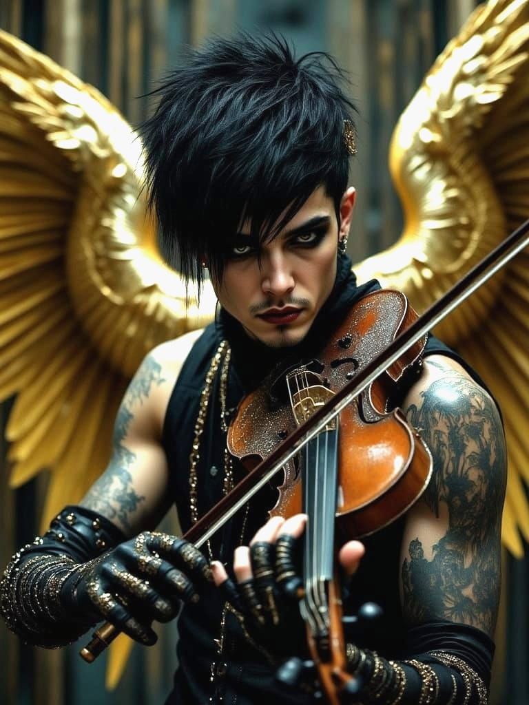 Gothic Angel Plays Violin with Golden Wings
