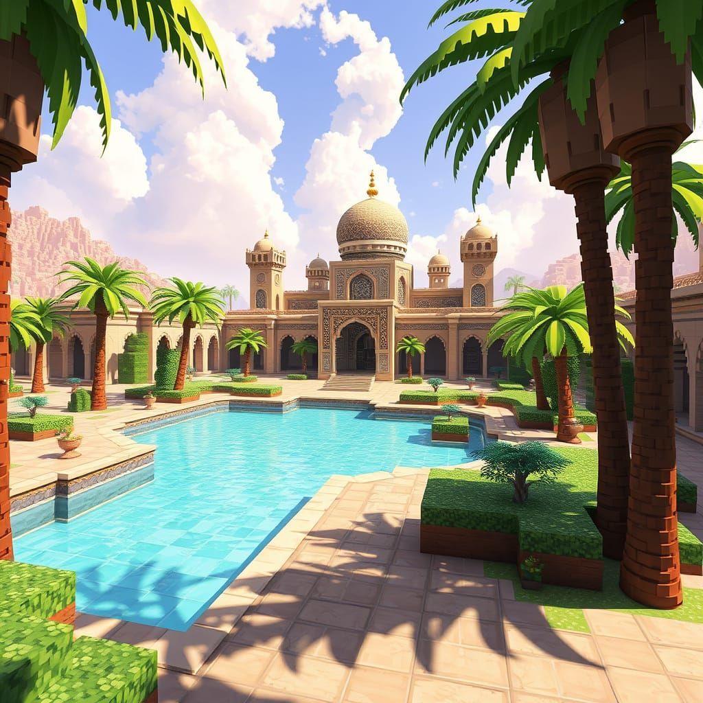 Minecraft Oasis: Blocky Palace in Middle Eastern Style